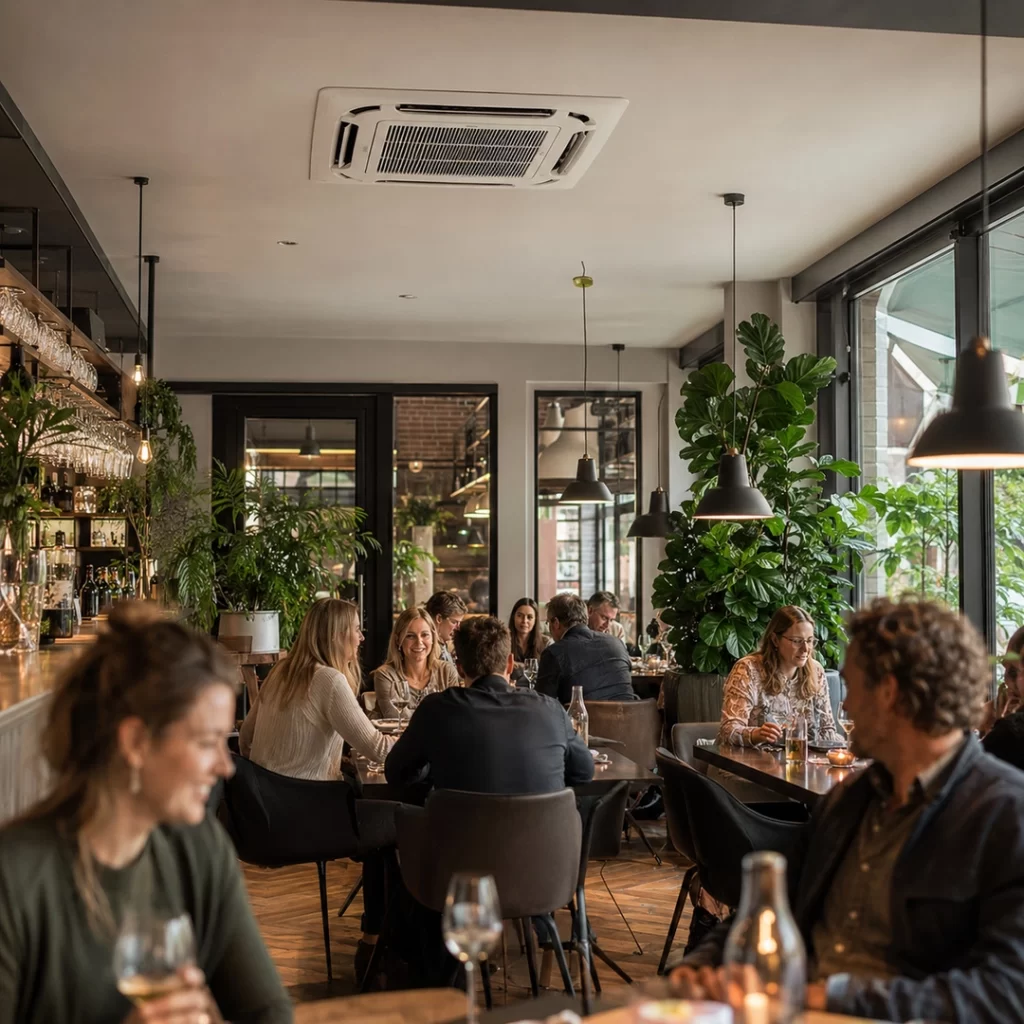 Gasten genieten van een comfortabele horecaruimte met airco