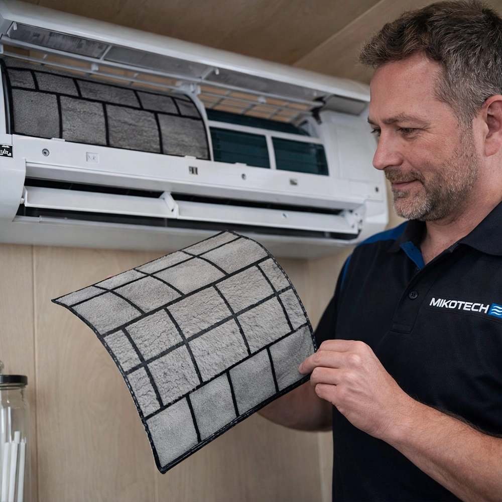 Monteur van Mikotech reinigt een vervuild airco filter tijdens onderhoud