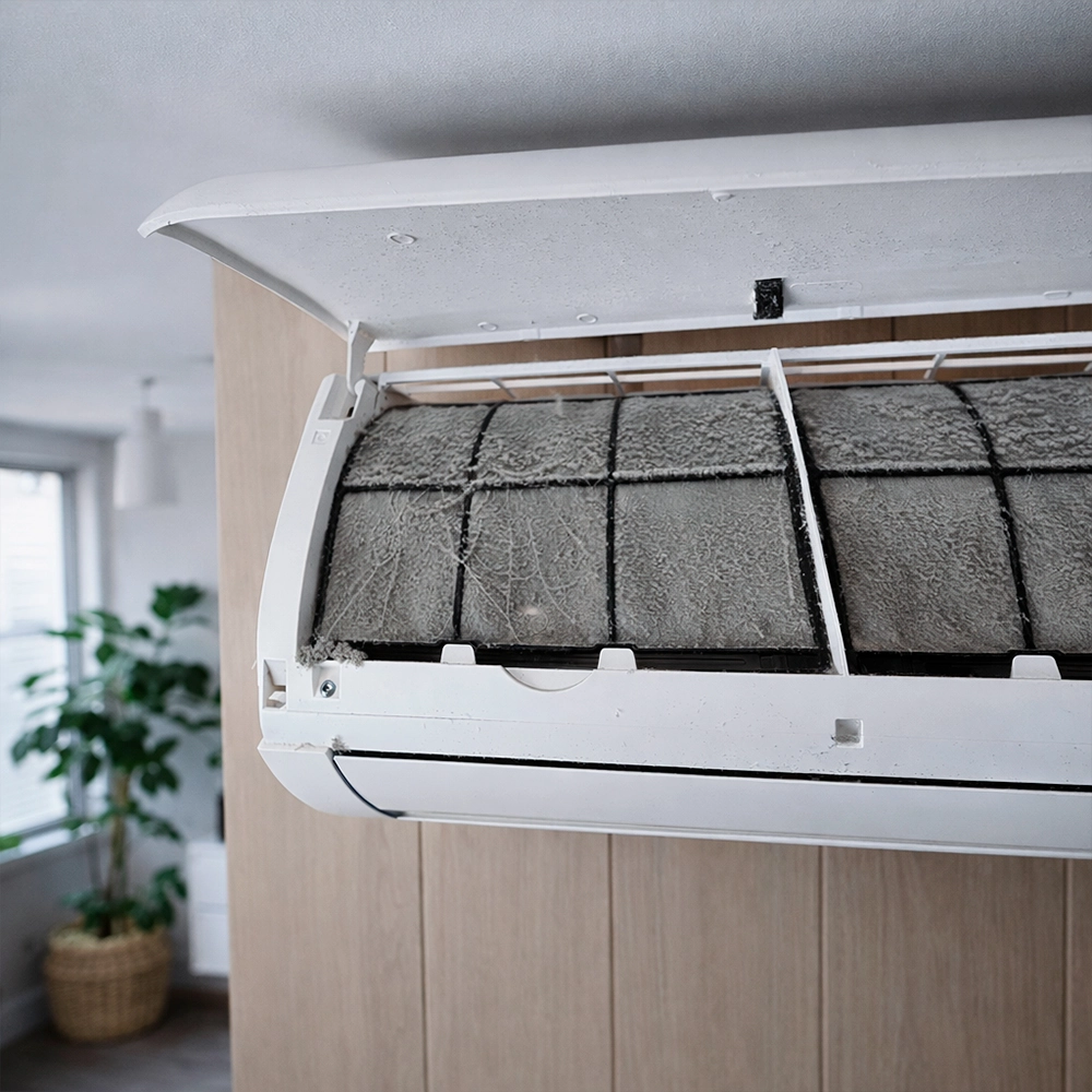 Sterk vervuild airco filter dat gereinigd moet worden tijdens onderhoud