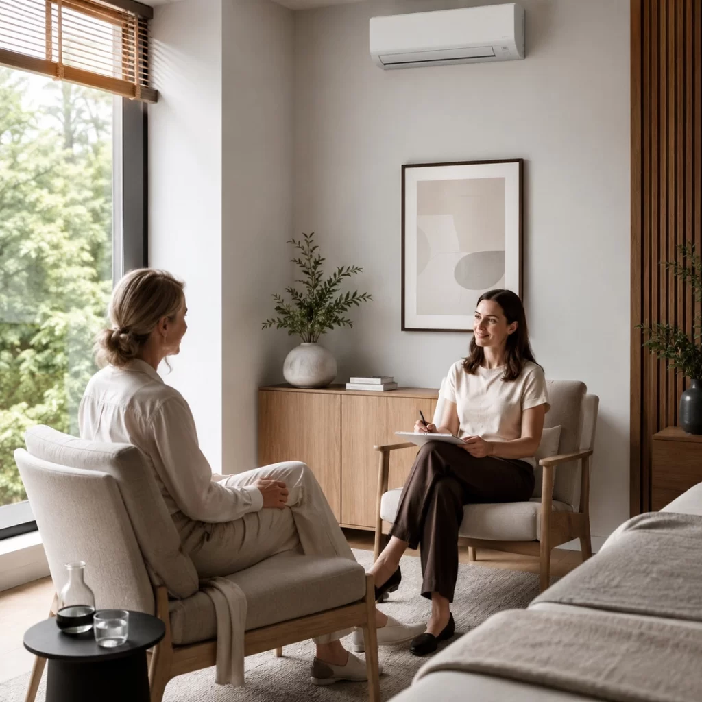 Mikotech monteur controleert een airco-installatie in een rustige moderne praktijkruimte