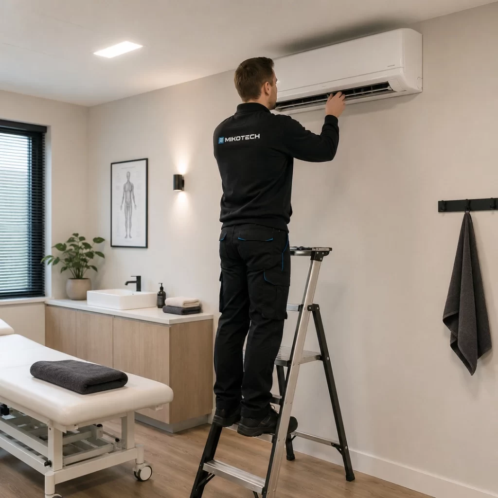 Net geïntegreerde airco-installatie in een moderne praktijkruimte