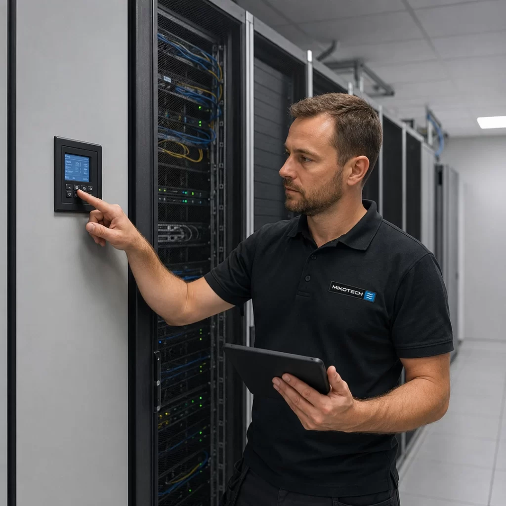 Mikotech monteur controleert een koelsysteem in een nette serverruimte met racks