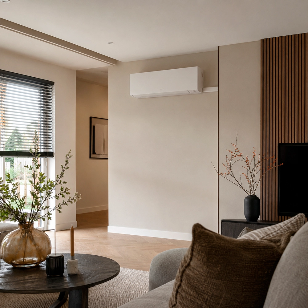 Net afgewerkte airco-installatie in een stijlvolle woonkamer van een Nederlandse woning