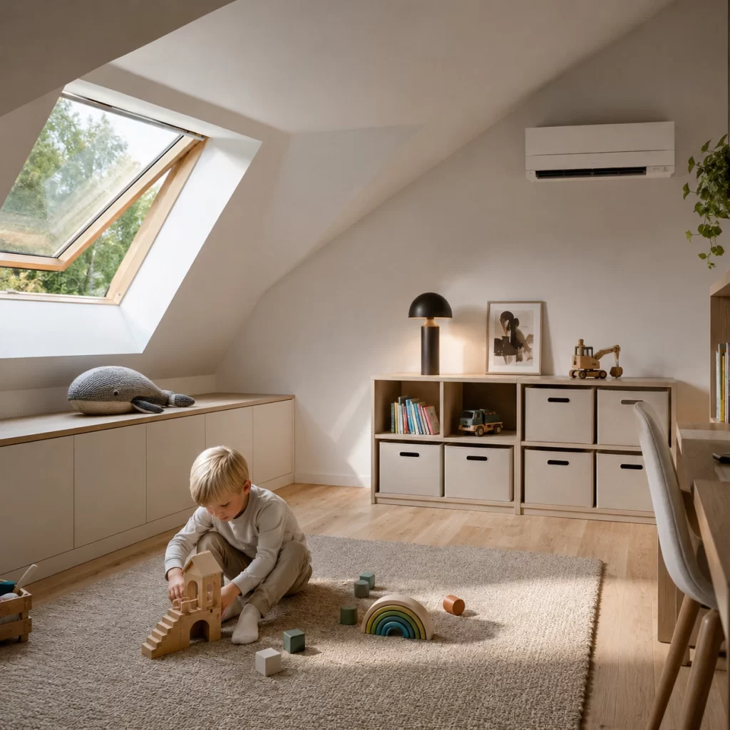 mikotech airco zolder speelkamer kind speelt moderne woning