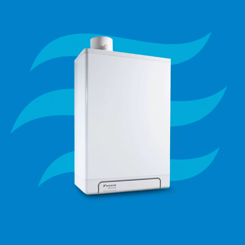 Daikin hybride warmtepomp op Mikotech blauwe achtergrond