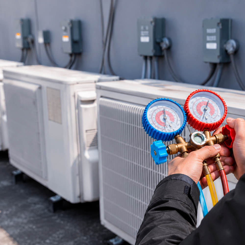 Mikotech monteur voert onderhoud en drukcontrole uit aan professionele koelinstallatie