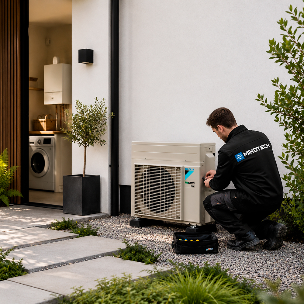 Mikotech monteur voert onderhoud uit aan een warmtepomp buitenunit bij moderne woning