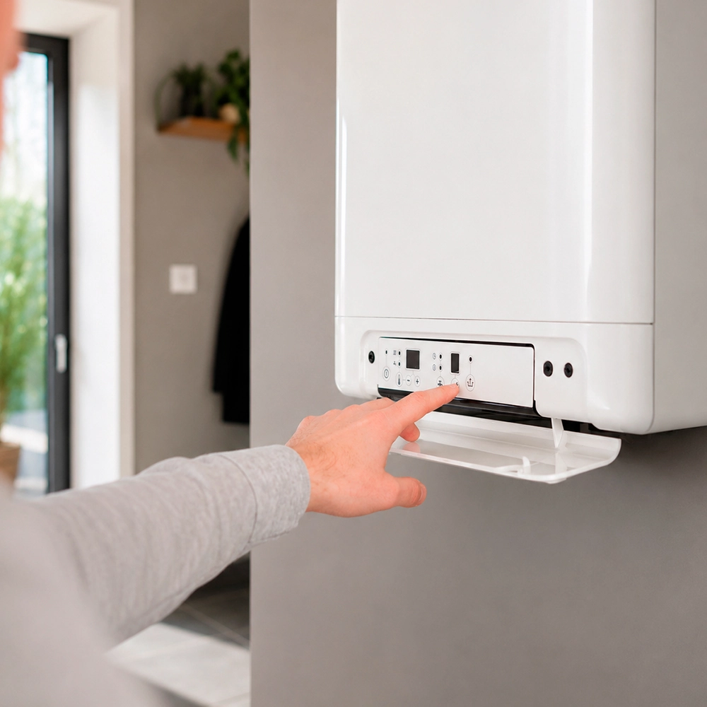 Persoon bedient moderne warmtepomp installatie in woning van Mikotech