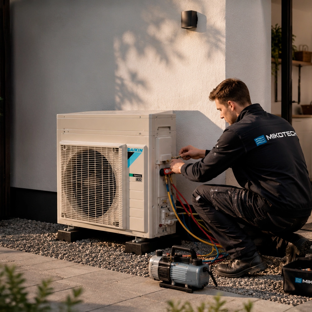 Mikotech monteur voert onderhoud uit aan een warmtepomp buitenunit bij een moderne woning