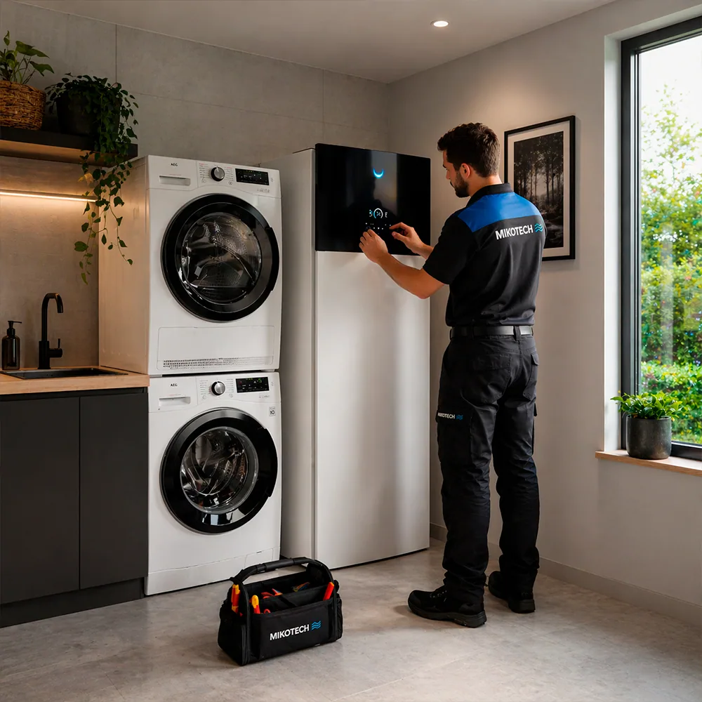 Mikotech monteur voert onderhoud uit aan warmtepomp in moderne woning