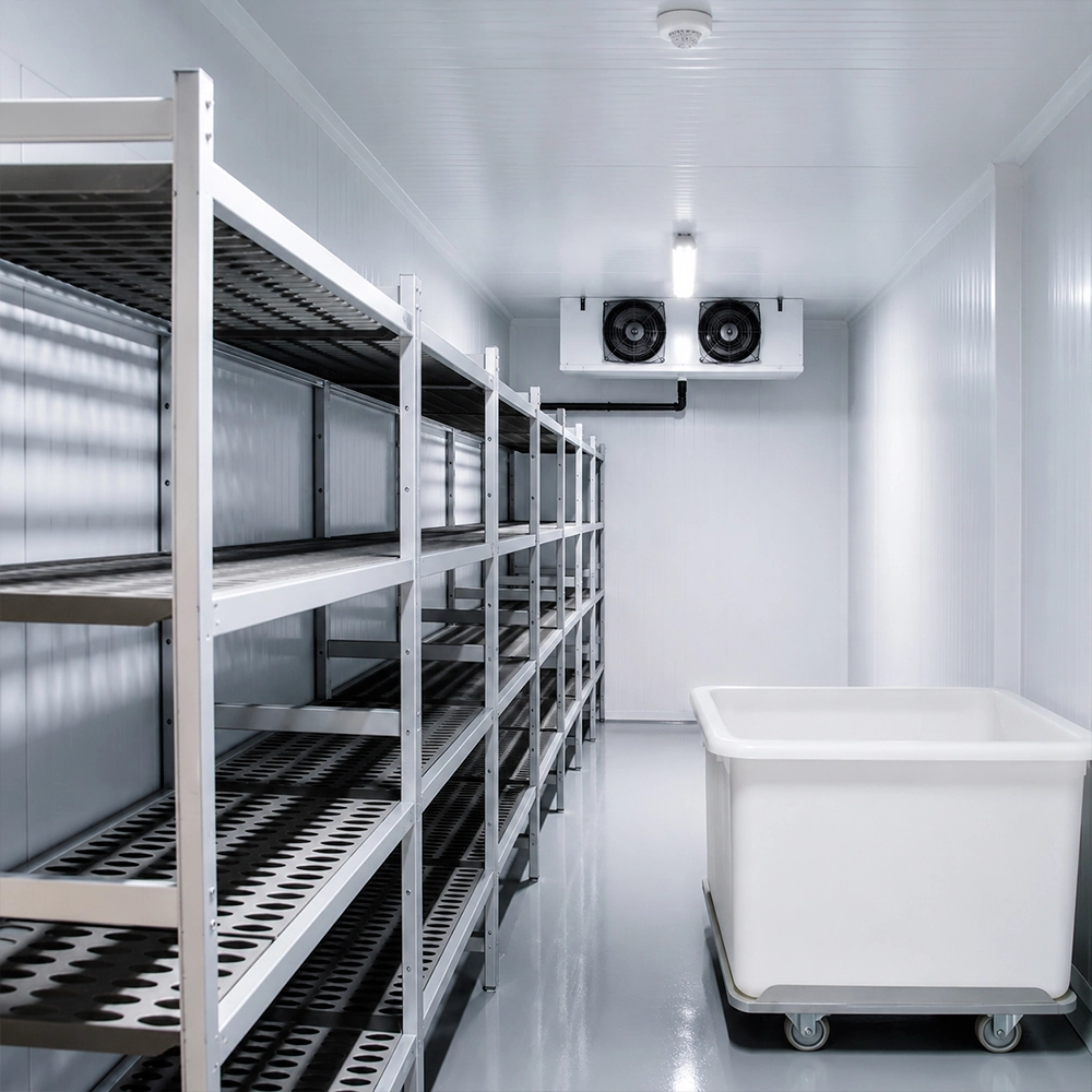 Moderne koelcel met metalen opslagrekken en industriële koelinstallatie